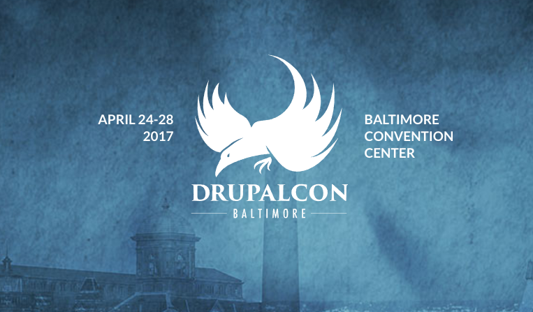 DrupalCon Baltimore logo with event dates on a blue colorized photo of Baltimore