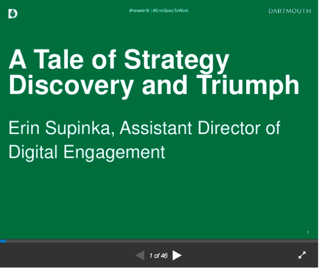 Screen grab of Erin Supinka's talk on infusing strategy into social media at Dartmouth