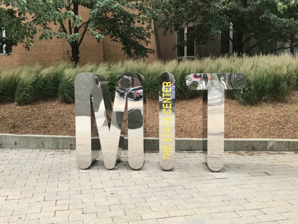 Image of sculpture at MIT that spells out "MIT" in metal, from the at Design 4 Drupal conference. 