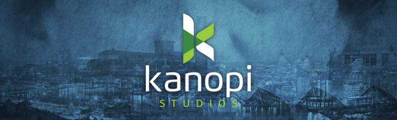 Kanopi Studios logo over DrupalCon 2017's blue graphic of Baltimore