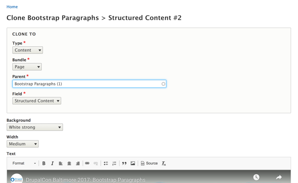 Screen grab of editing with the Drupal Paragraphs Edit module.
