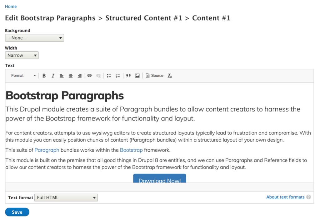 Screen grab of admin screen for Paragraphs component area