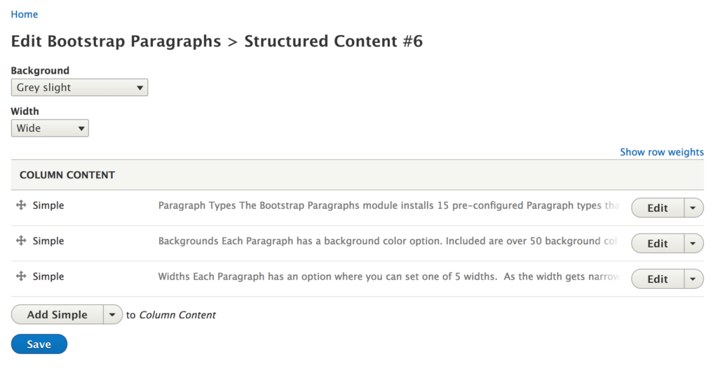 Screen grab of editing with the Drupal Paragraphs Edit module.