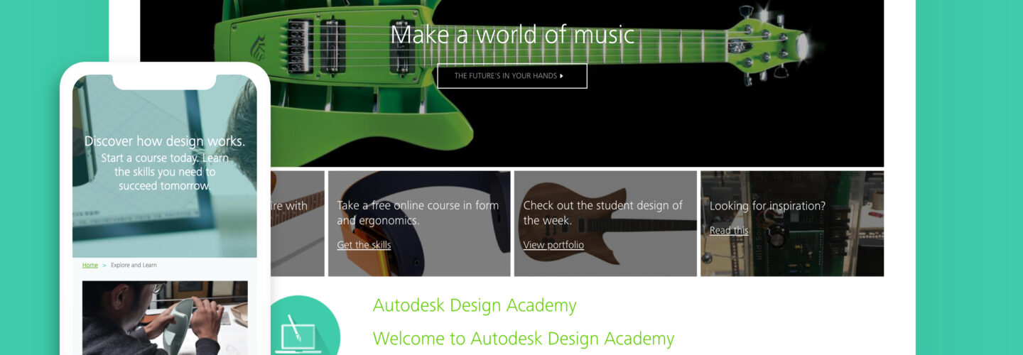 A demonstration of Autodesk Design Academy's website on a laptop and on a phone, one of Kanopi Studio's case studies.