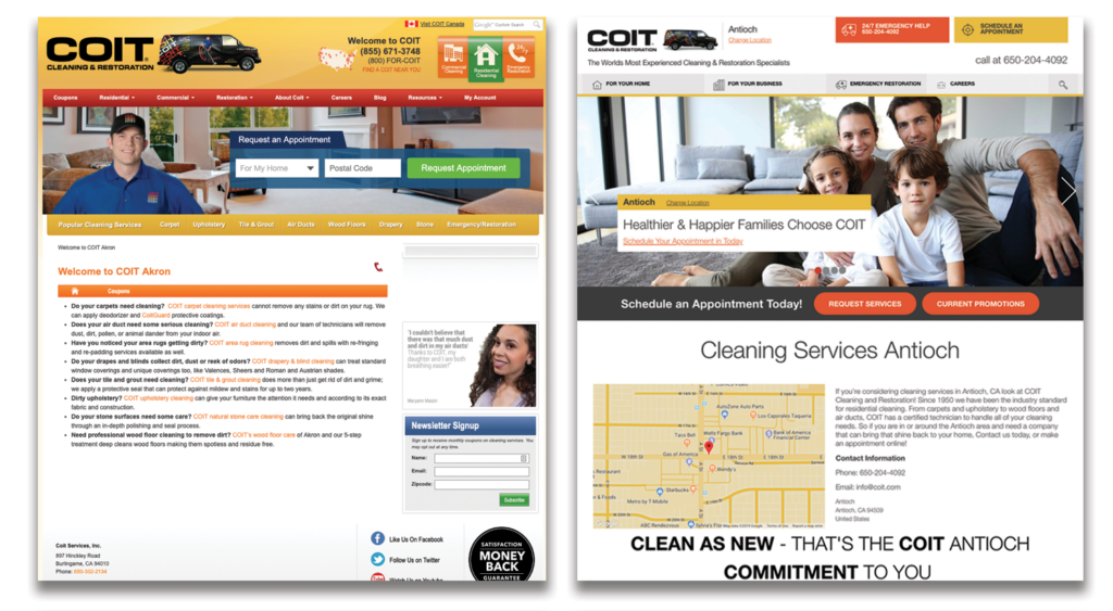 A COIT franchise home page: before (left) and after (right).