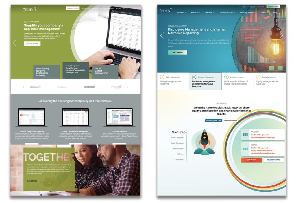 The Certent home page: before (left) and after (right).