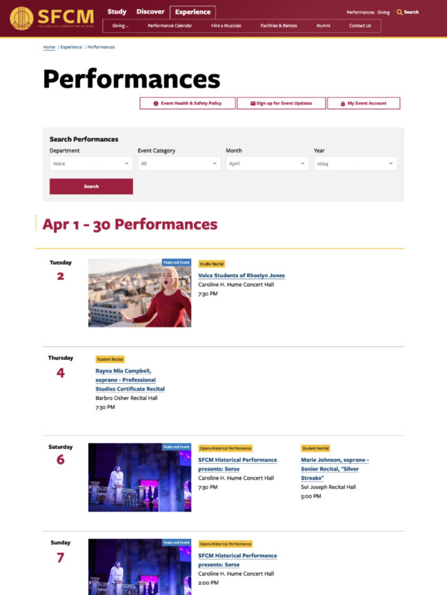 SFCM performance calendar