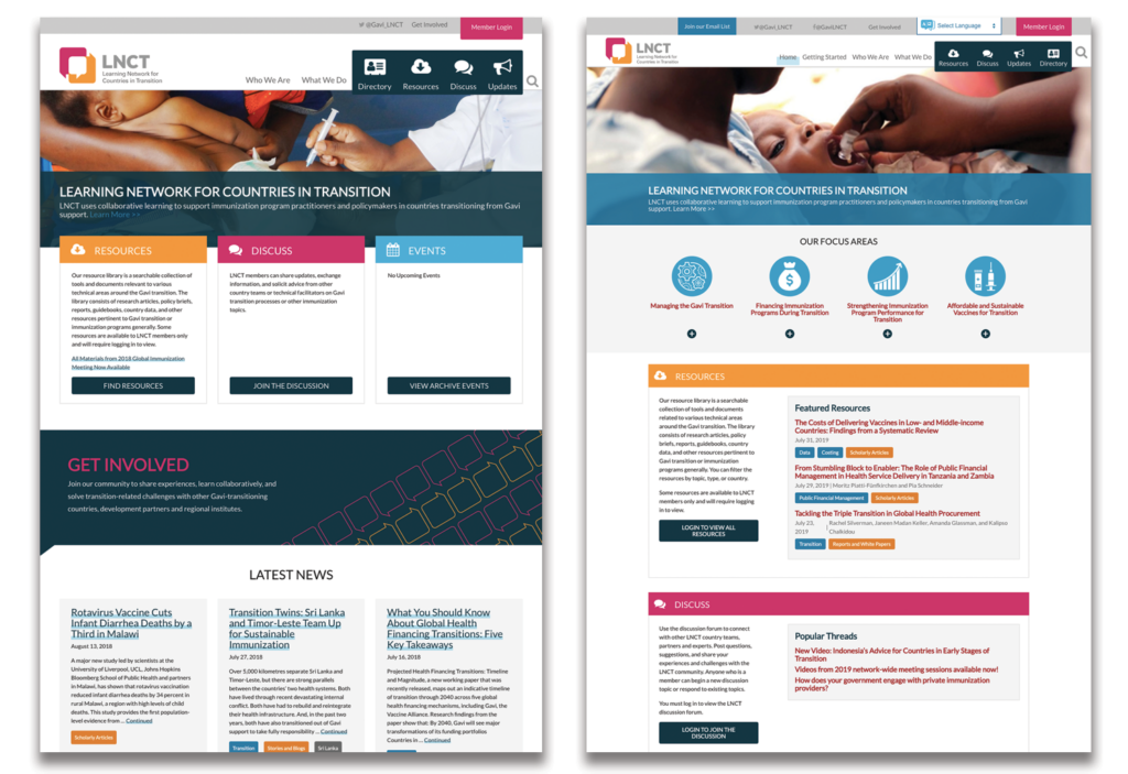 The LNCT home page: before (left) and after (right).