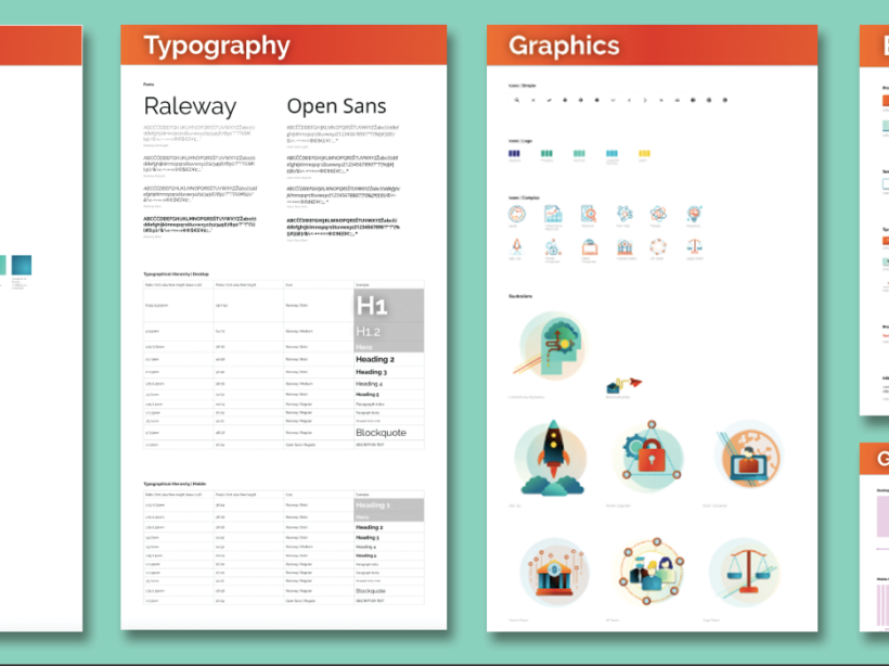 Examples of a pattern library, showing typography, button designs, grid, and iconography.