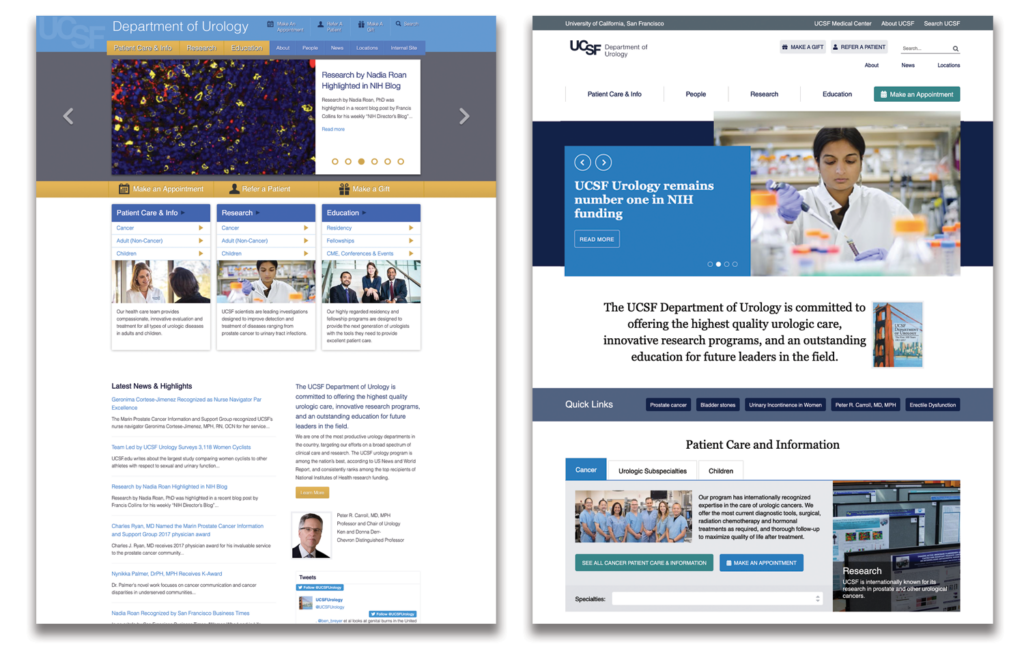 The UCSF Urology home page: before (left) and after (right).