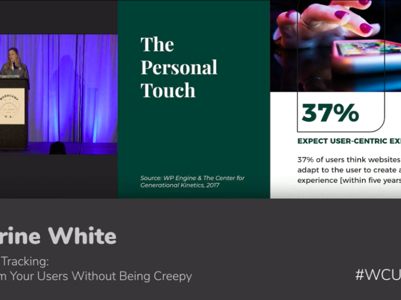 Split-screen of Kat White on left behind a podioum at WordCamp US, with an image from her slides on the right talking about user privacy.