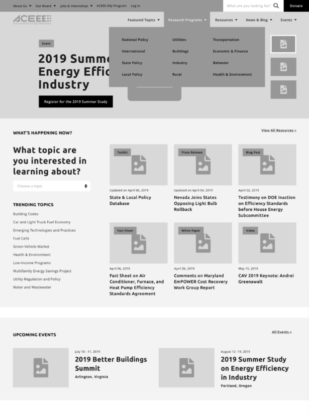 Wireframes showing improved UX on ACEEE site