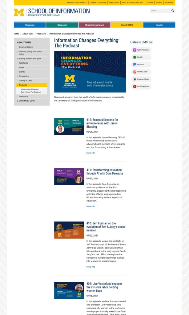 University of Michigan School of Information (UMSI) podcast landing page