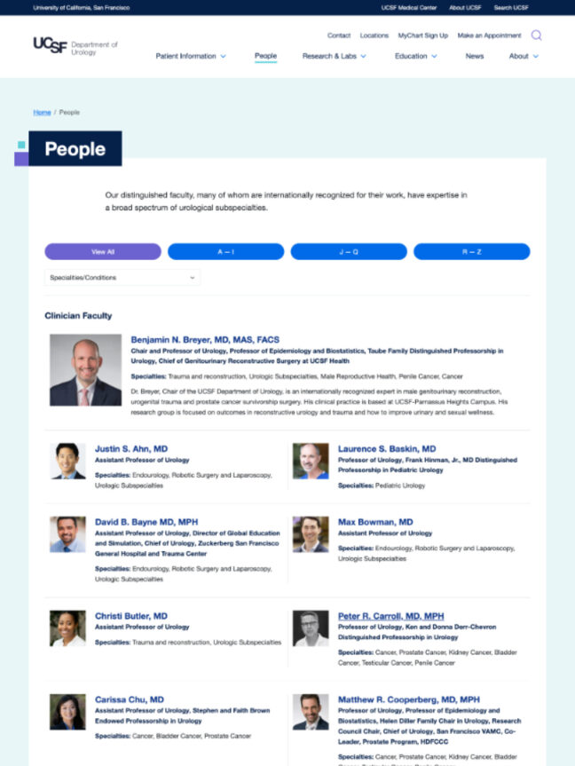 Example of the use of card design on the UCSF Urology website