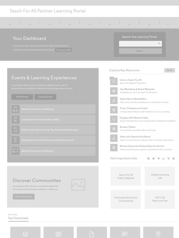 Teach for All learning portal dashboard wire