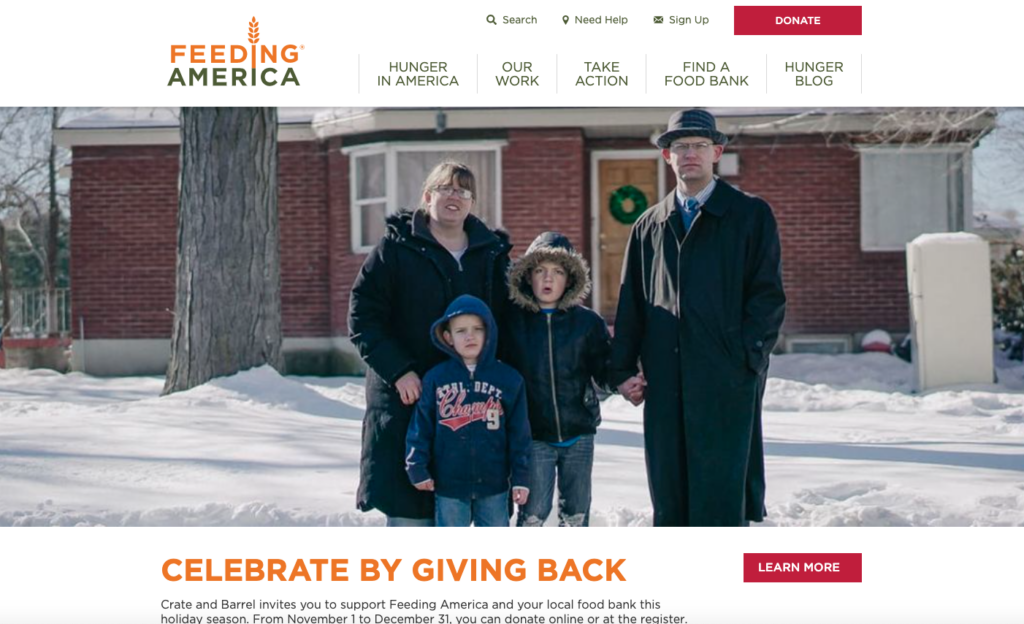 This is a screenshot of Feeding America's homepage, an example of a best nonprofit website.