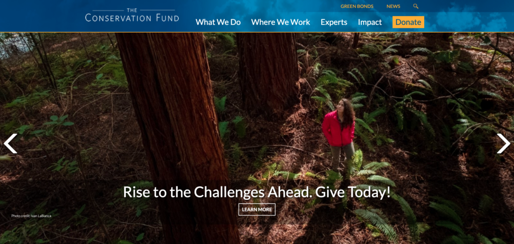 This is a screenshot of the Conservation Fund's homepage and an example of a great nonprofit website.