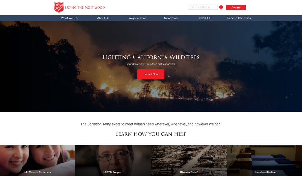 This is a screenshot of the Salvation Army USA, an example of a best nonprofit website.