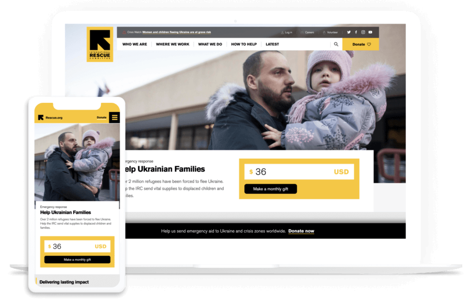 Screenshots of the International Rescue Committee’s monthly giving page