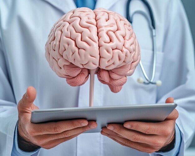 A male doctor's hands holding a plastic model of a brain.