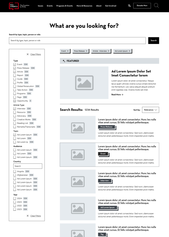 PEN America wireframes