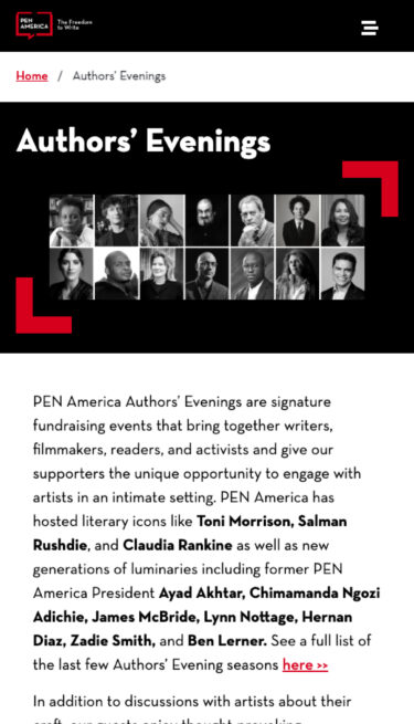 Mobile view of PEN America's event page