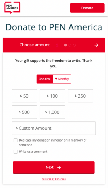 Pen America donation page on mobile