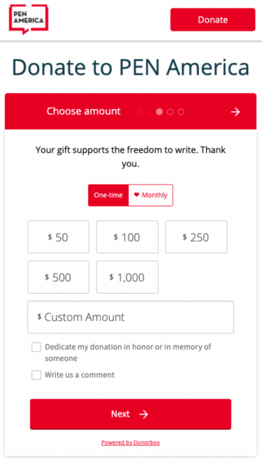 Pen America donation page on mobile