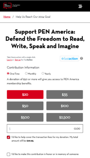 Mobile view of PEN America's donation page