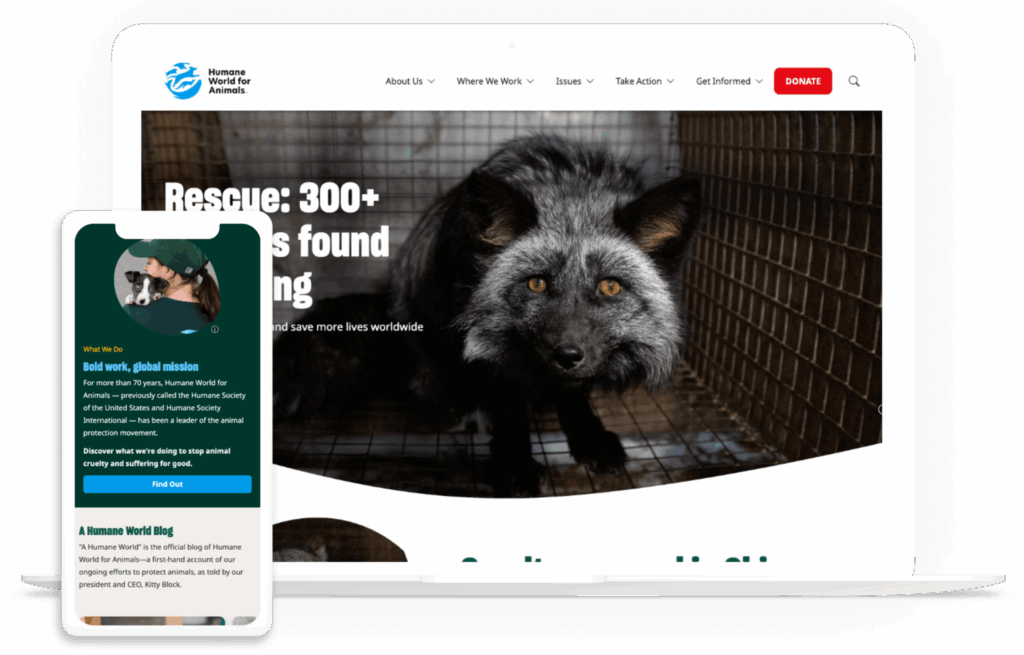 The mobile and desktop versions of the Humane World for animals website