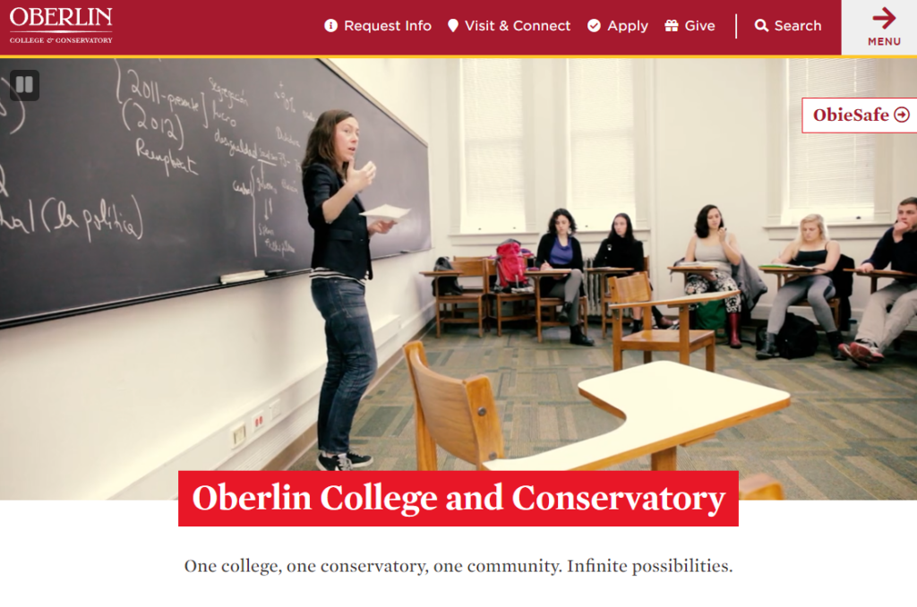 Oberlin College and Conservatory is one of the best college websites for design, as revealed in this homepage screenshot.