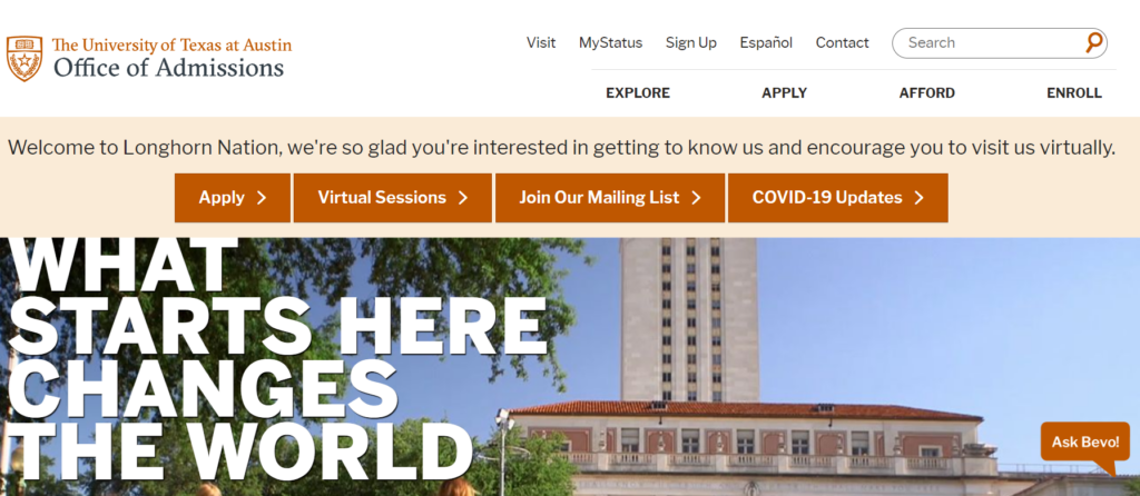UT Austin made the list of best college websites for its eye-catching CTAs and stylish color scheme.