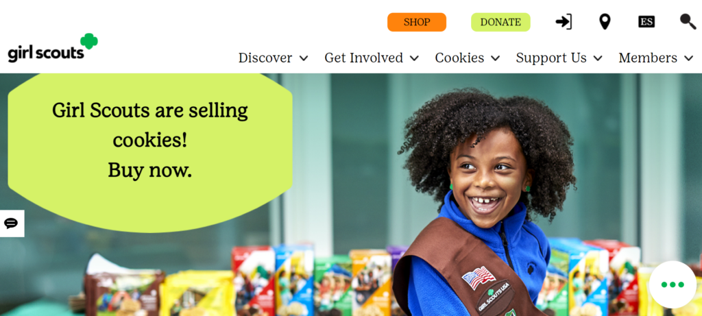 The Girl Scouts website is one of the best nonprofit websites because of its engaging images and clear user pathways.
