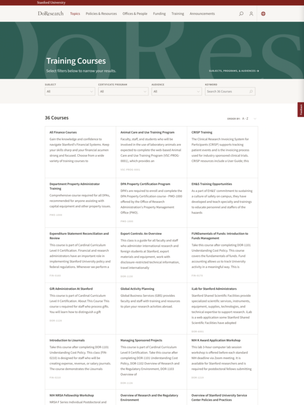 Stanford Dean of Research - Training Cources with top page filtering