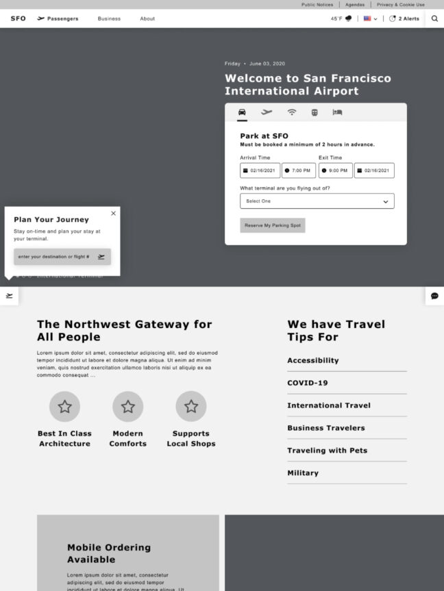SFO wireframe of home page