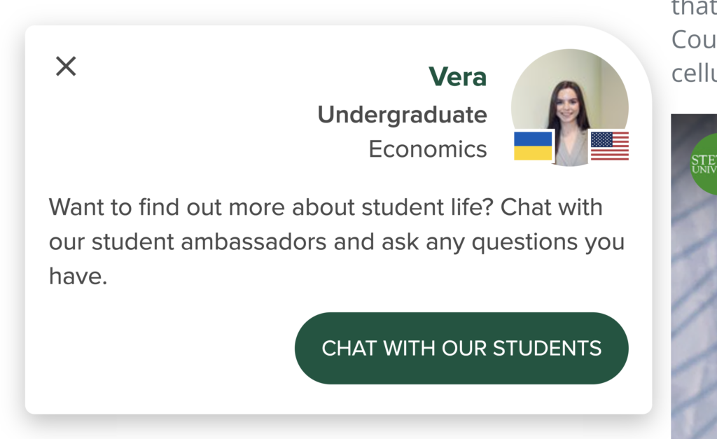 Chatbot example of how Stetson University students can chat with site visitors. 