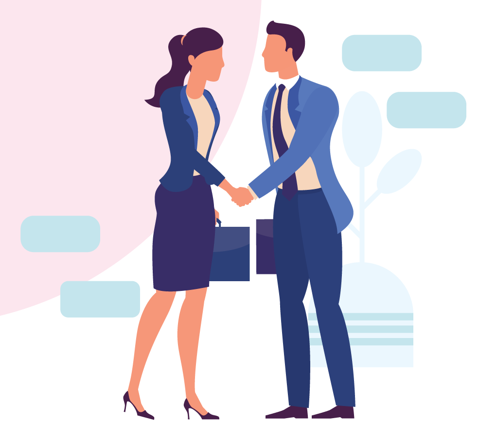 Illustration of a business woman and business man shaking hands. 