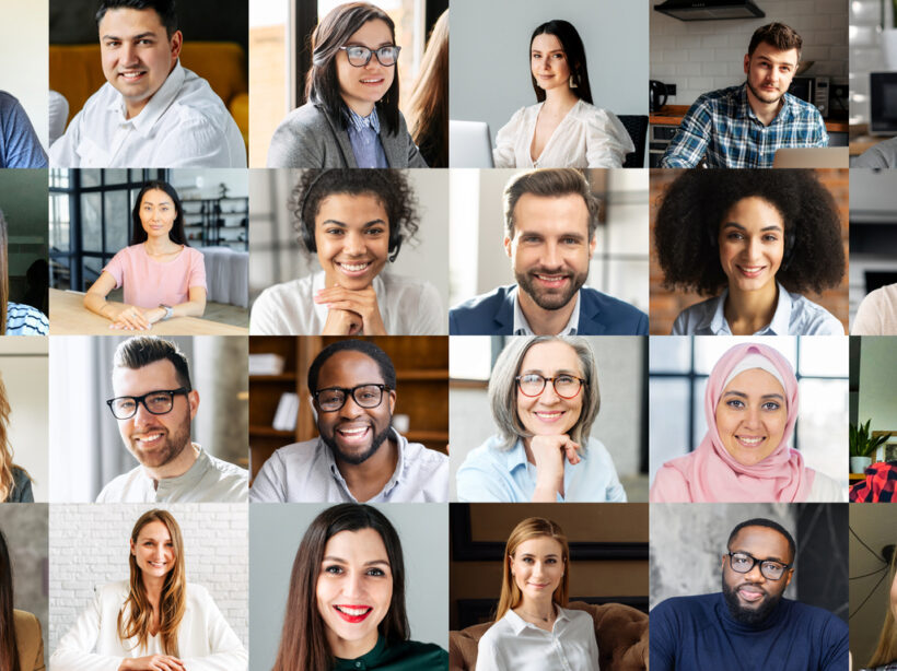 Crowded video screen with diverse multinational people on it. Video meeting online for office employees working remotely. Multiracial colleagues involved in online conference, video call. Hr data base