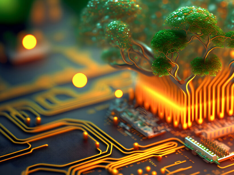 Green environment technology concept. generative ai showing a tree growing out of a motherboard