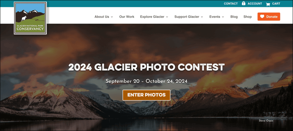 A screenshot of the Glacier Conservancy’s homepage that encourages visitors to enter a photo contest and includes bold calls to action