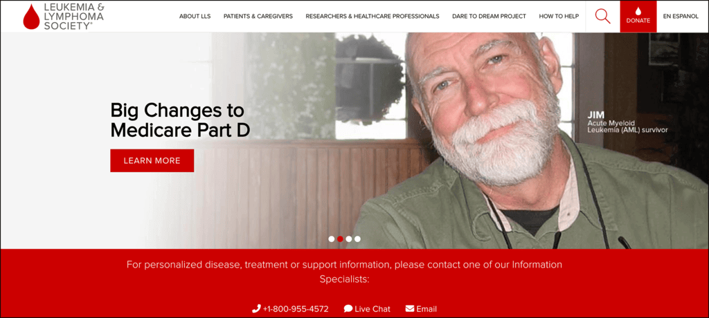 A screenshot of LLS’s homepage that features red CTA buttons for donating and learning more about the organization’s work