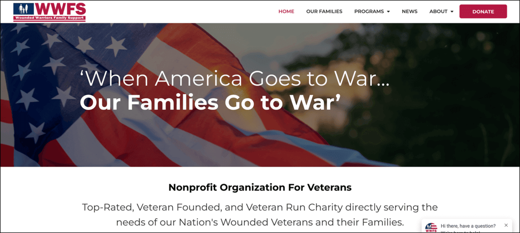 A screenshot of Wounded Warriors Family Support’s homepage that features an eye-catching American flag banner image