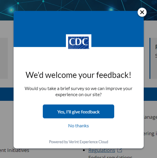 This screenshot pictures the CDC’s responsive healthcare website design that invites visitors to provide feedback.