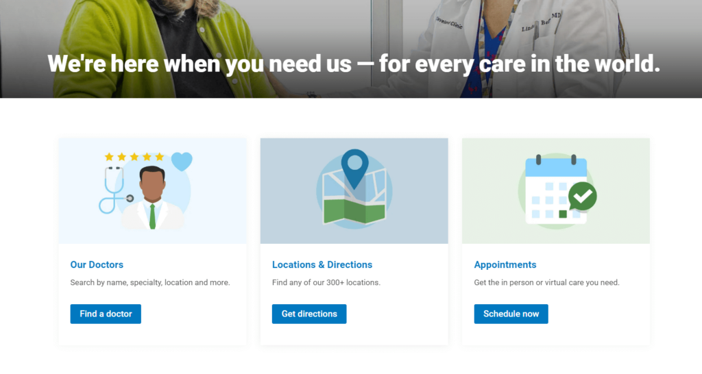 This screenshot shows The Cleveland Clinic’s smart use of clear CTAs within its healthcare website design.