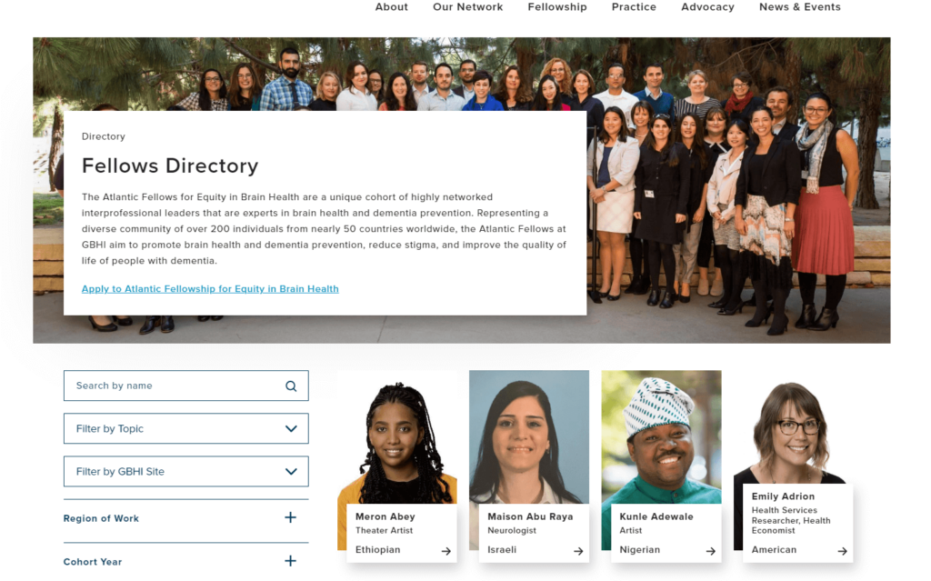This image pictures the Global Brain Institute’s fellows directory as an example of effective healthcare website design at work.