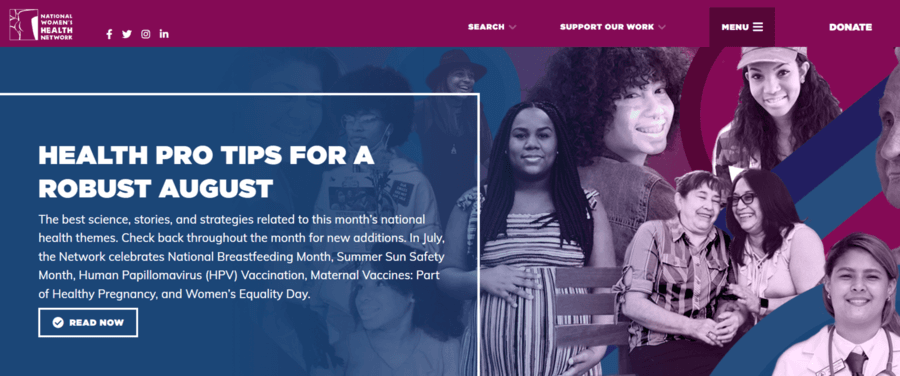 This screenshot shows the National Women’s Health Network’s bold healthcare website design branding.