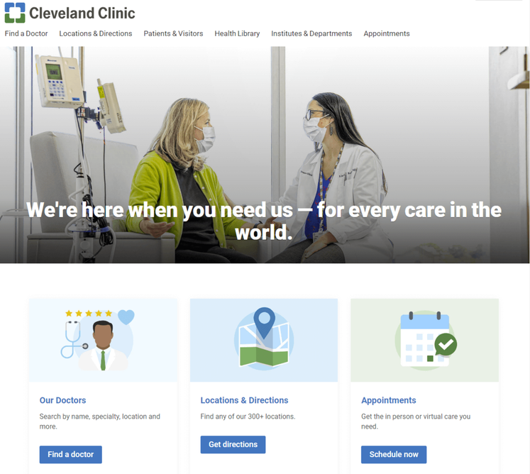 As seen in this screenshot of the Cleveland Clinic’s homepage, it’s important to use consistent, bold branding in hospital web development. 
