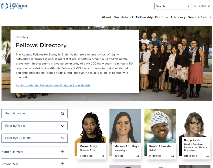 This screenshot of the Global Brain Health Institute’s fellowship directory stands out for its simple hospital web development. 