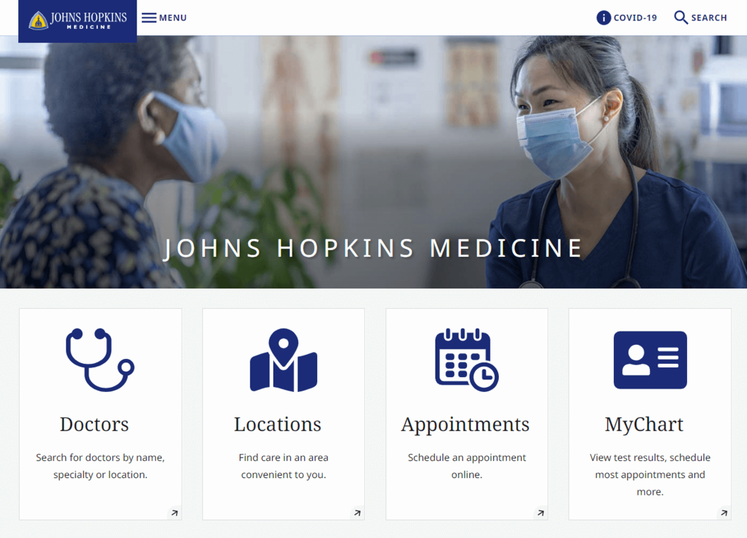 This is a screenshot of Johns Hopkins’ website homepage, which leverages mobile-friendly hospital web development. 