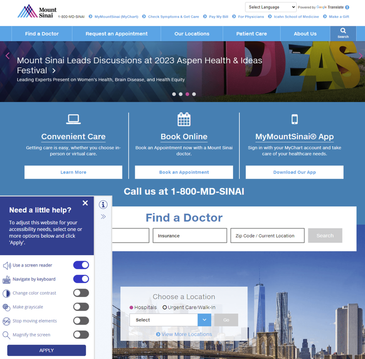 This screenshot of Mount Sinai’s homepage contains an accessibility tool, an important element of hospital web development. 
